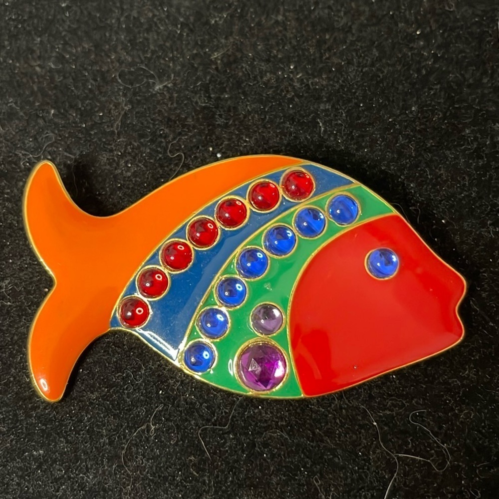 Vintage Large Statement Fish Colorful Enamel & Jelly Accent Brooch.  MA